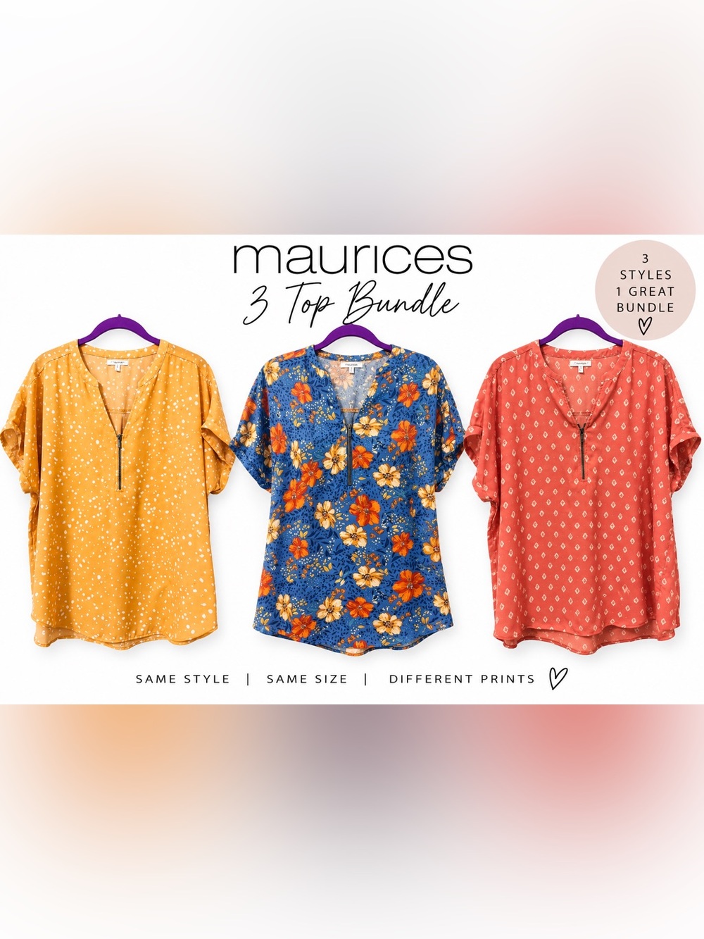 Maurices Women’s Large Blouse Lot of 3 Zip Front Floral Print Tops